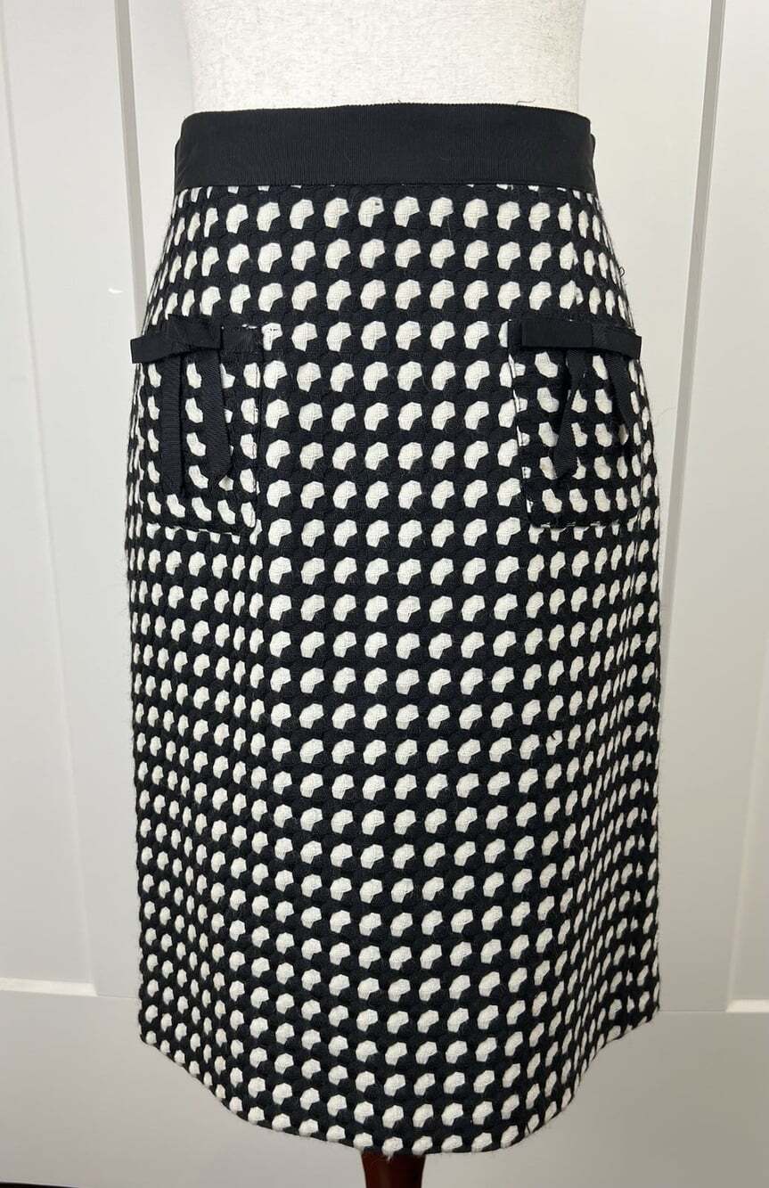 Milly of New York Size 6 100% Wool Pencil Skirt Black Cream Italian Fabric USA